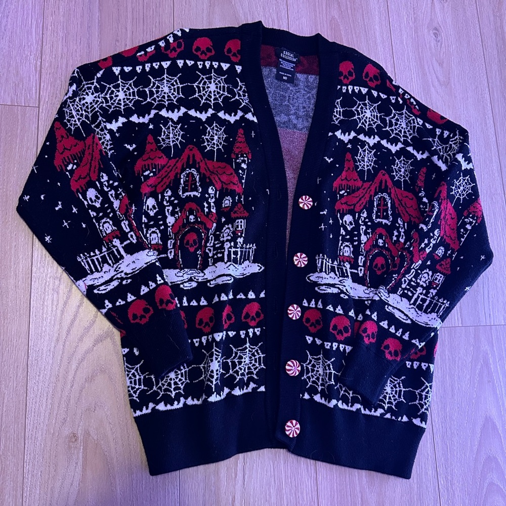 Hot Topic Black and Red Haunted House Cardigan
